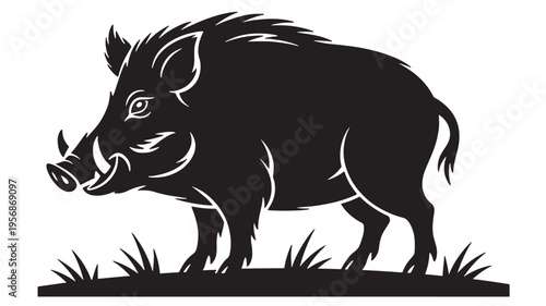 Wild boar profile silhouette with tusks and spiky mane, standing on grass in stark black and white graphic style.