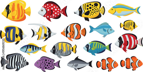 Colorful tropical reef fish set with diverse marine species, striped and spotted aquarium animals vector illustration isolated on white background
