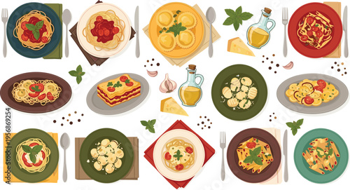 Italian cuisine dishes set with pasta, lasagna, ravioli and traditional meals top view food collection vector illustration isolated on white background
