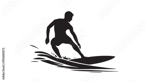 Surfer silhouette riding a wave with dynamic water splashes and motion lines, conveying speed and agility on the ocean.