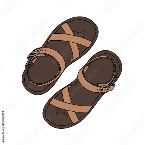 Two brown, strap sandals with buckles, one resting above the other
