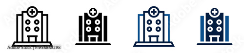Iconos de hospital. Edificio sanitario. Atención médica y servicios de salud. Ilustración vectorial