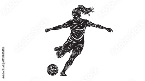 Female soccer player kicking ball with dynamic motion lines, capturing athletic power and agility during a game.