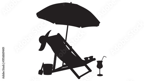 Beach chair and umbrella silhouette with sunglasses, drink, and sand toys for a relaxing vacation scene