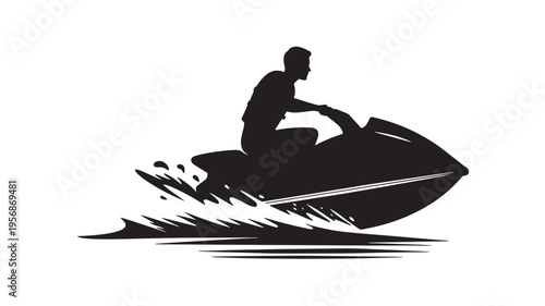 Jet ski silhouette with a person riding and water splashing dynamically in a black and white graphic style.
