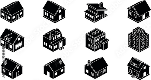 A collection of 10 unique black and white house icons in various architectural styles and shapes