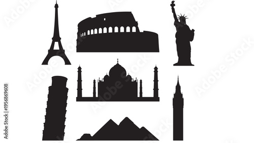 Landmarks set with silhouettes of the Eiffel Tower, Colosseum, Statue of Liberty, Leaning Tower of Pisa, Taj Mahal, Pyramids of Giza, and Big Ben.