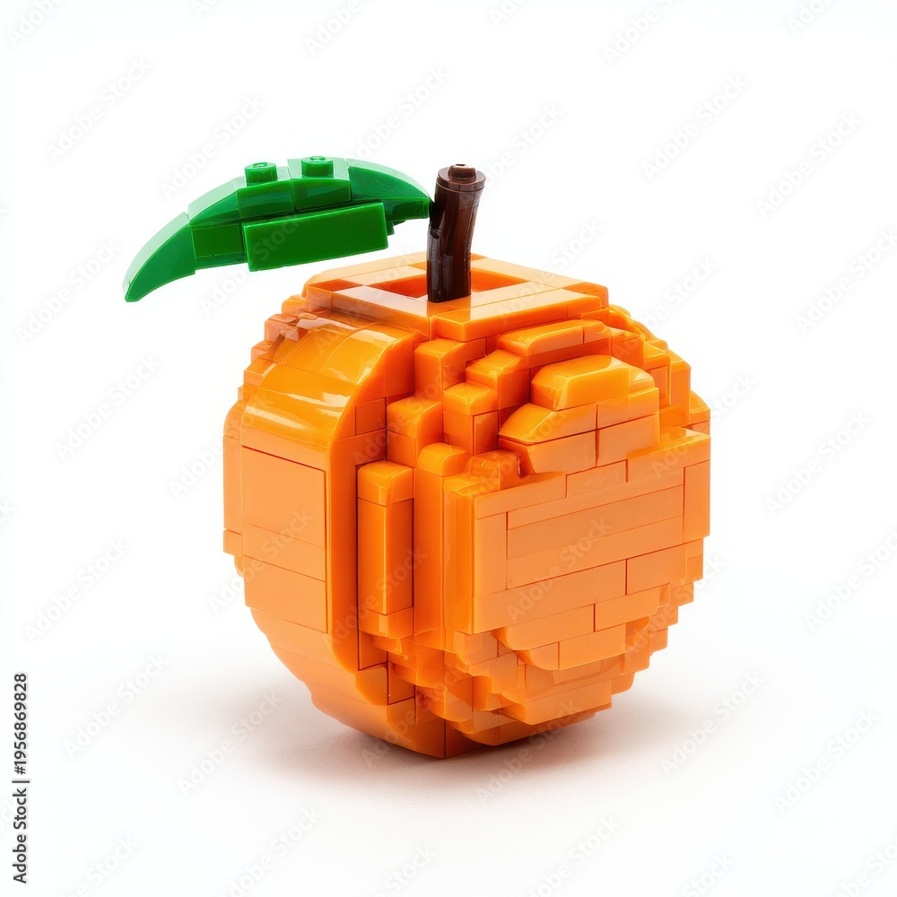 Fototapeta premium Orange Fruit Made of Orange Bricks with Green Leaf and Brown Stem Isolated on White
