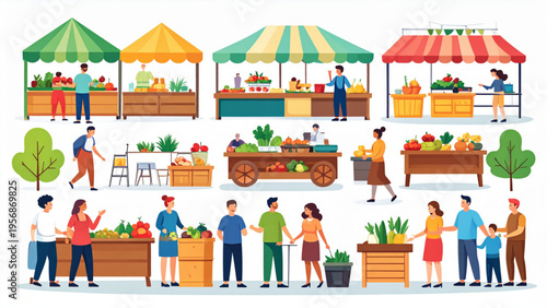 Outdoor Marche Market Scene with Crowd of People Shopping and Enjoying Vector Illustration