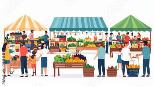 Busy Open Air Market Festival with People Walking and Buying Products Illustration