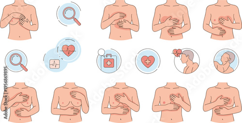 Breast Cancer Self Examination Guide Illustration with Step by Step Instructions Female Body Diagrams and Awareness Symbols for Healthcare Education and Early Detection