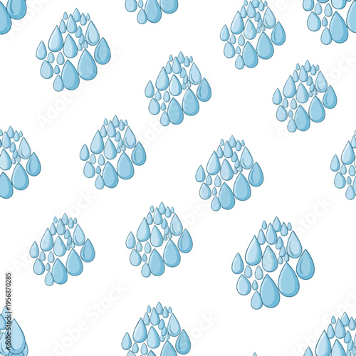 A pattern of clusters of blue water drops on a white background