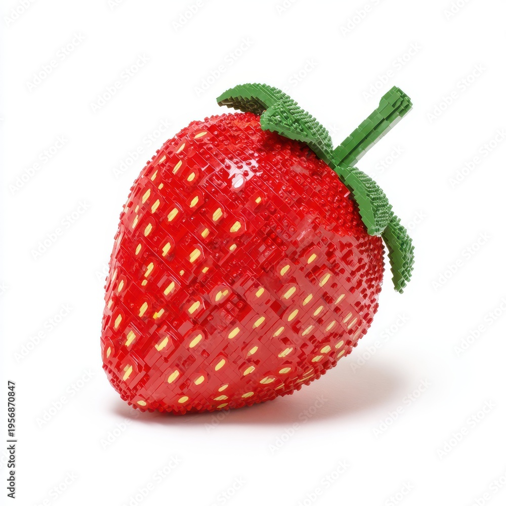 Fototapeta premium Realistic Strawberry Made of Red Bricks with Green Stem Against White Background