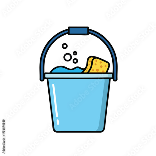 Light blue bucket with water, bubbles, and a yellow sponge