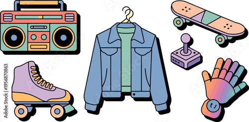 This illustration features iconic objects from the 1980s, including a boombox, a denim jacket, a skateboard, and a roller skate. 