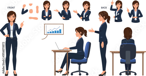 Business Woman Character Vector Set with Different Poses, Office Work Scenes, Presentation and Desk Activities for Corporate Illustration and Professional Design