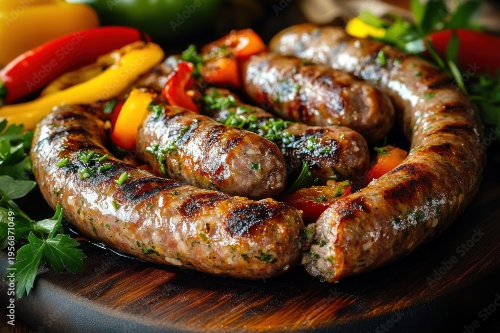 Fototapeta premium mouthwatering grilled sausages with charred grill marks on a wooden board garnished with fresh parsley and colorful roasted bell peppers, sizzling and juicy