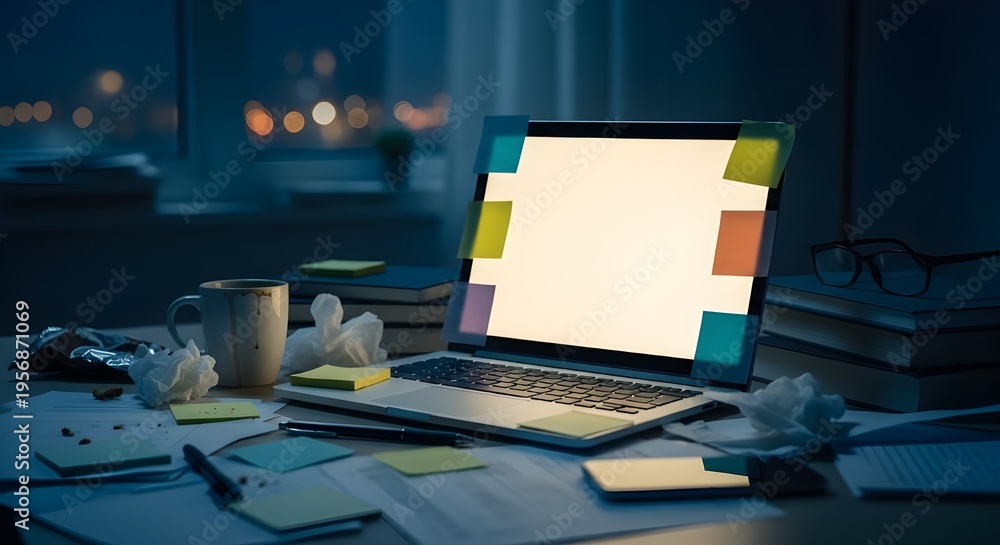 Naklejka premium Messy desk with laptop and sticky notes at night, representing stress, burnout, and overload in remote work lifestyle