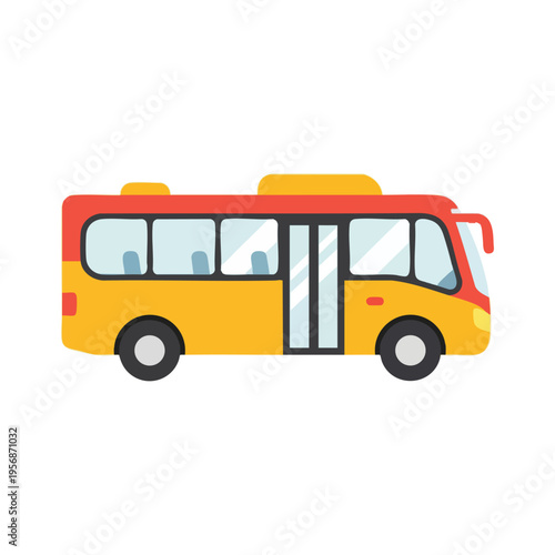 A yellow and red cartoon bus with black wheels, windows, and doors