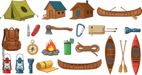 Camping and Outdoor Adventure Equipment Set Featuring Tents, Canoes, Lanterns, Fire Tools, and Hiking Gear for Wilderness Exploration Designs