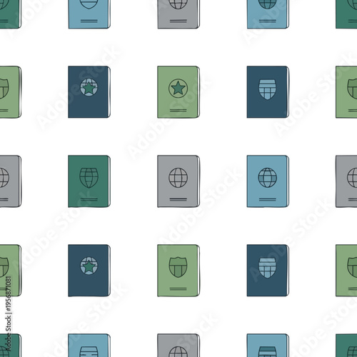 Repeating pattern of various colored passport icons on a white background