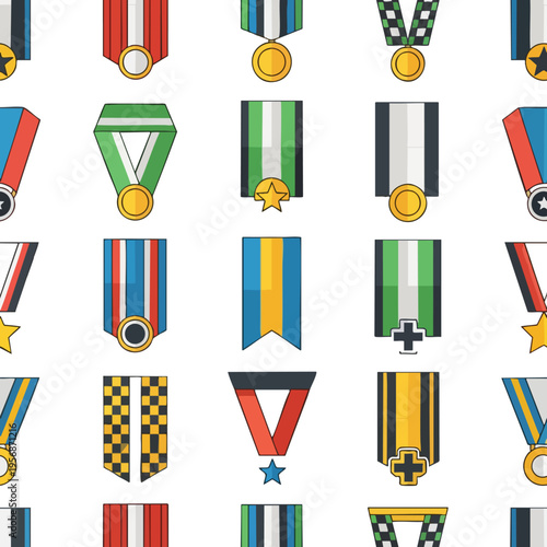 Colorful, diverse awards and medals with ribbons and symbols, set on white