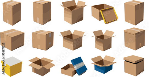 Cardboard Box Set Featuring Open and Closed Boxes in Various Shapes and Sizes for Packaging, Shipping, and Storage Designs