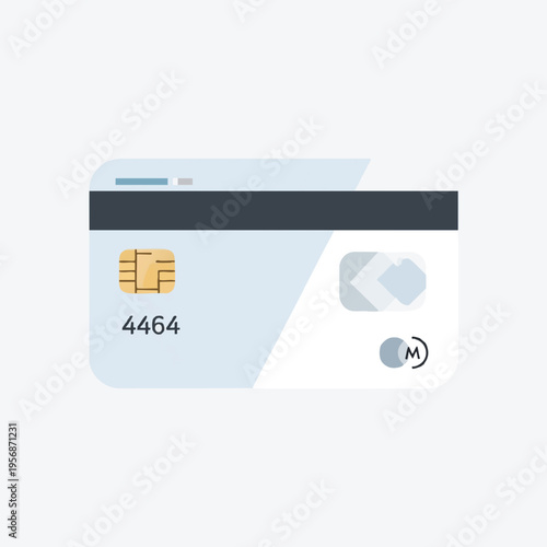 Stylized credit card with chip, partial numbers, and network logo