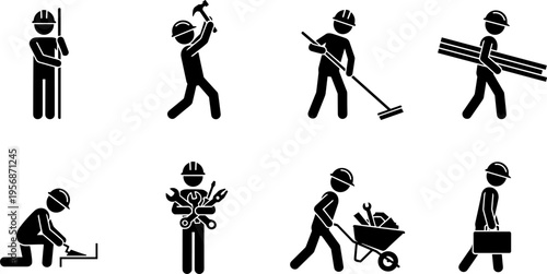 Construction worker silhouettes, building tasks, industrial labor, repair activities, tools, architecture vector illustration
