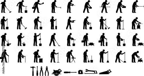 Construction worker silhouettes, building tools, industrial labor, handyman activities, repair icons, vector illustration