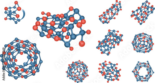 Carbon Nanostructure Vector Set with Fullerene Graphene Nanotube and Molecular Lattice Models for Nanotechnology Science Research Illustration