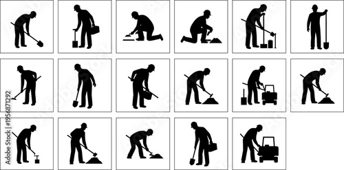 Construction worker silhouettes, building tasks, industrial labor, repair activities, maintenance icons, vector illustration