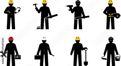 Construction worker silhouettes, trade professions, building tools, industrial labor, maintenance activities, vector illustration