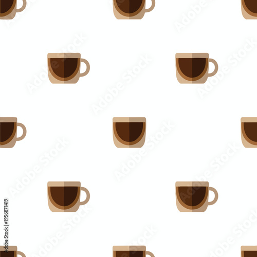 Seamless pattern of stylized coffee cups with layered brown liquid and shadow