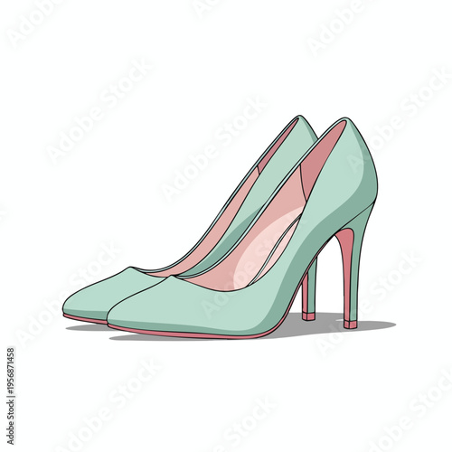 A pair of pale green high-heeled shoes with pink accents, angled view