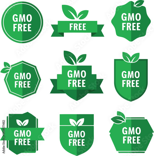 Set of Nine Green GMO Free Product Labels and Organic Food Certification Vector Stamp Icons