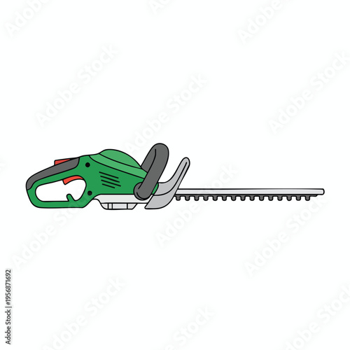 Green electric hedge trimmer with silver blades and black handle