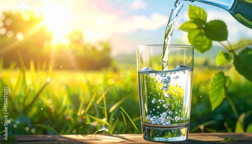 Fresh water pouring into a glass in a vibrant natural setting.