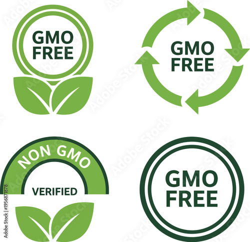 Set of Green GMO Free Organic Food Labels and Certified Natural Product Vector Icons