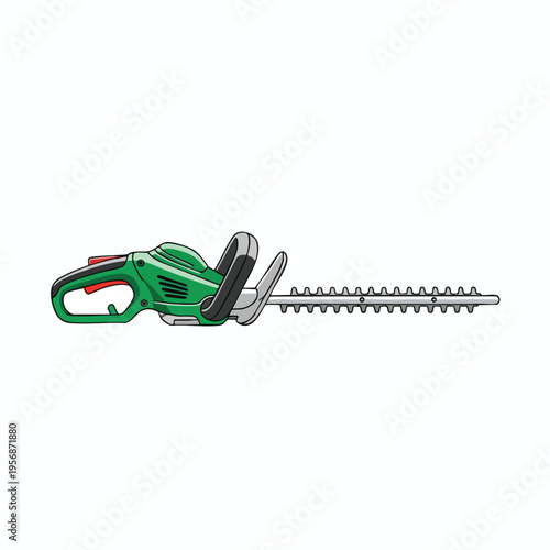 Green hedge trimmer with sharp blades and a red trigger on a white background
