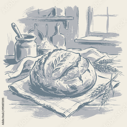Artisan sourdough bread vector illustration drawing, vintage rustic hand drawn sketch style homemade boule on kitchen table, starter jar, scored sourdough loaf, wheat stalks, organic bakery graphic