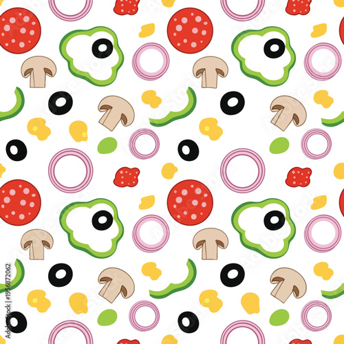 A fun, colorful pattern of pizza toppings scattered on a white background