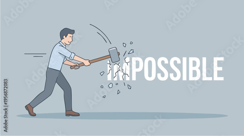 Man Breaking a Wall with a Hammer to Represent Overcoming the Impossible Concept