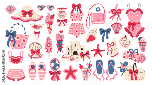 Coquette Summer Beach Elements Set. Cute Vintage Pink Coastline Collection with Retro Swimsuit, Sea Shells, Bows, Drink, Cocktail, Starfish, Accessories. Flat Vector illustration
