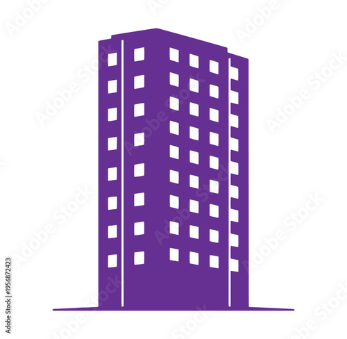 Purple highrise building with many windows and flat roof