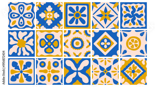 Floral Mediterranean Tile Set. Modern Abstract Summer Amalfi Background Collection with Hand Drawn Minimal Geometric Shapes and Flower Blossoms. Vector Illustration