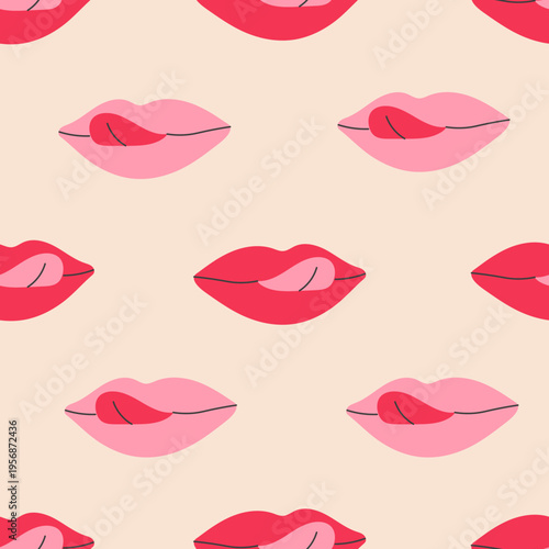Lips Tongue Lick Seamless Pattern. Minimal Playful Feminine Background with pink and red woman mouth. Hand Drawn Flat vector illustration.