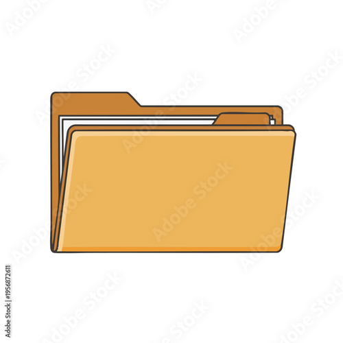 A simple, flat, orange folder with paper documents peeking out