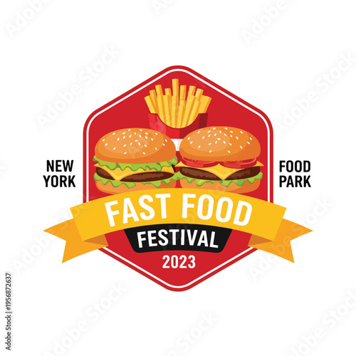 New York Food Park Fast Food Festival 2023 Illustration with Burgers and Fries Emblem