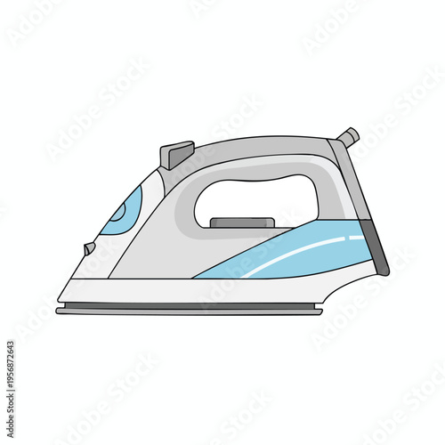 A modern, grey and blue iron with a streamlined design and water tank